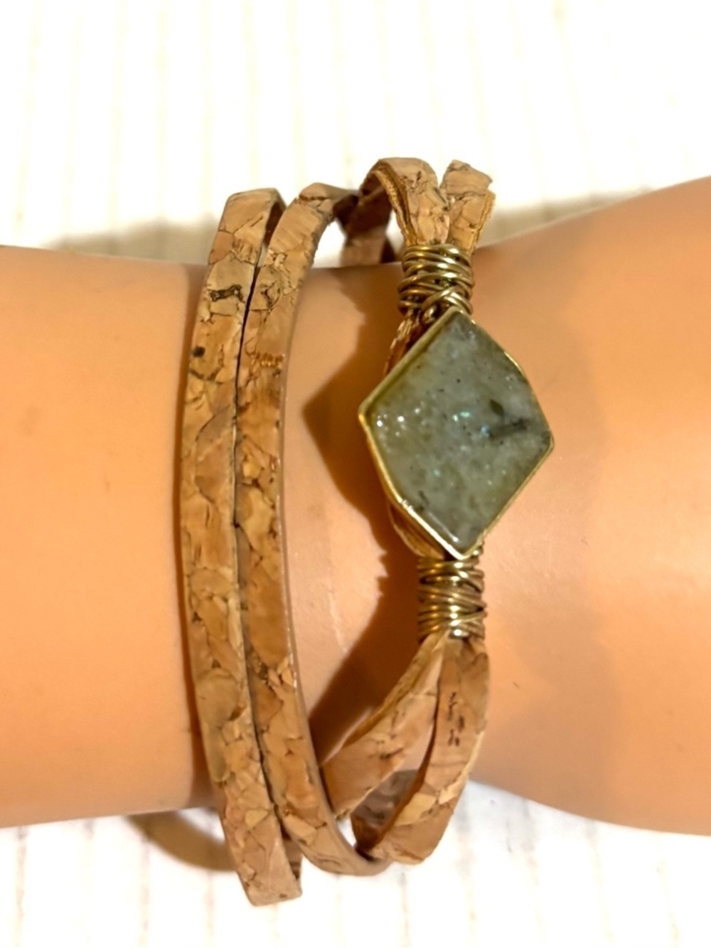 Cork Wrap Bracelet with Gray Gem and Gold Wire